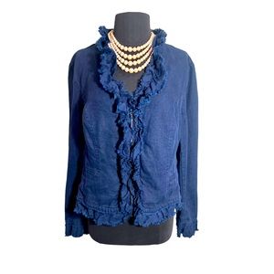 I.N.C. Linen Long Sleeve Full Zipper Navy Blazer with Distressed Ruffles